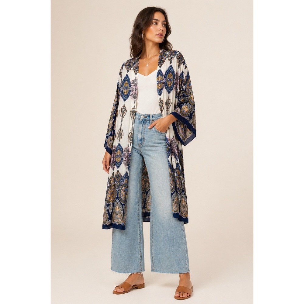 Women's Kimono Duster Coverup S / M Long Line Open front Beach Resort Vacation